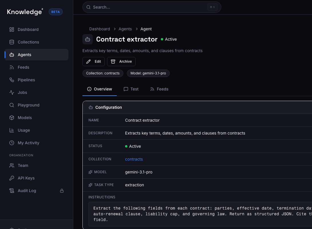 Extraction agent configured to pull structured fields from contracts
