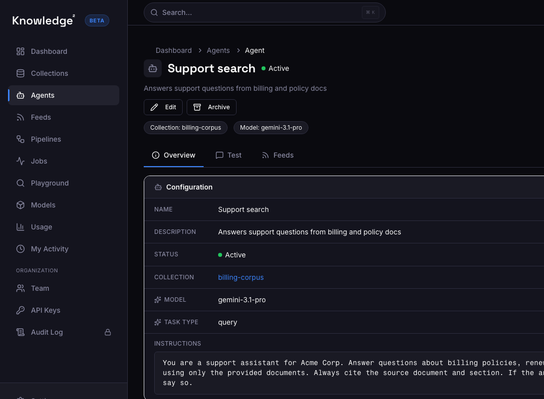 Agent configuration with API endpoint, corpus, and system prompt