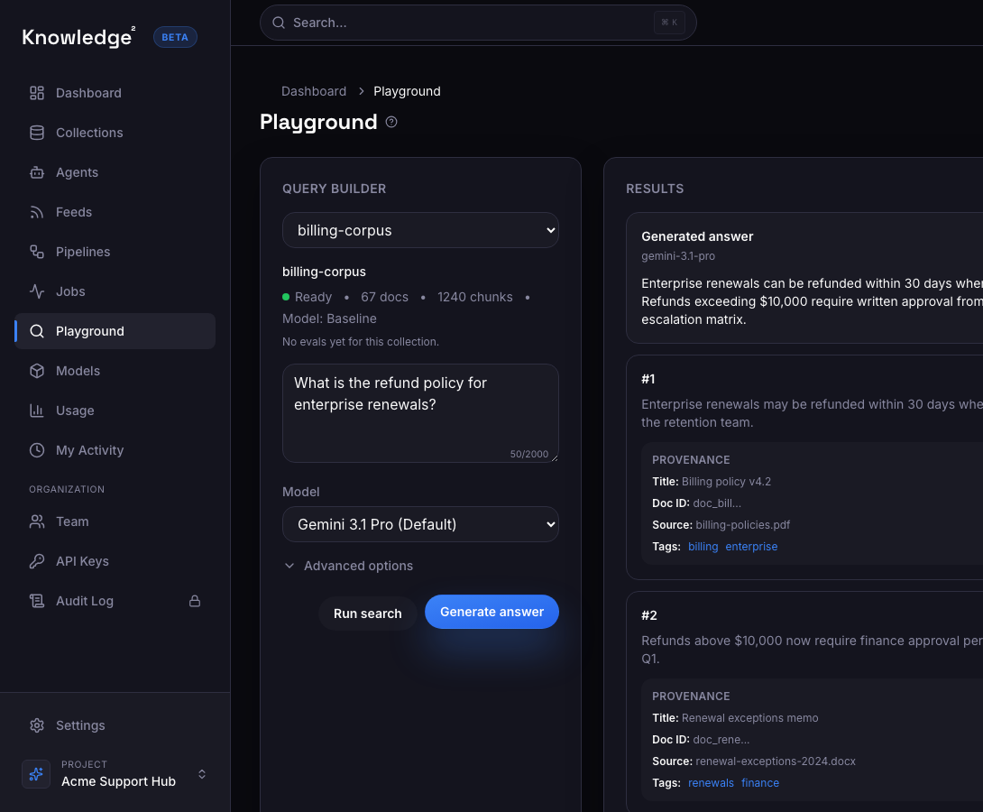 Generated answer with cited evidence and source passages