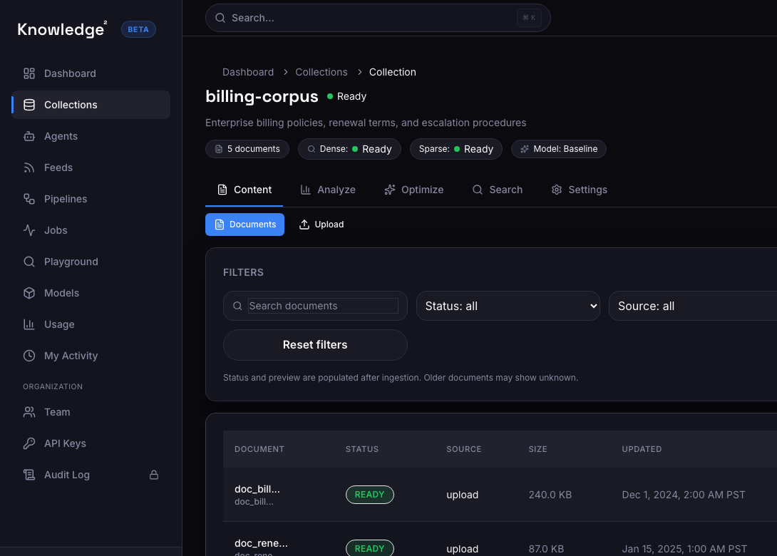 Content management with document status and versioning