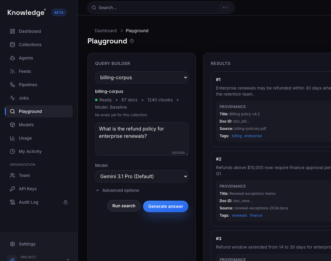Playground search with scored results and document provenance