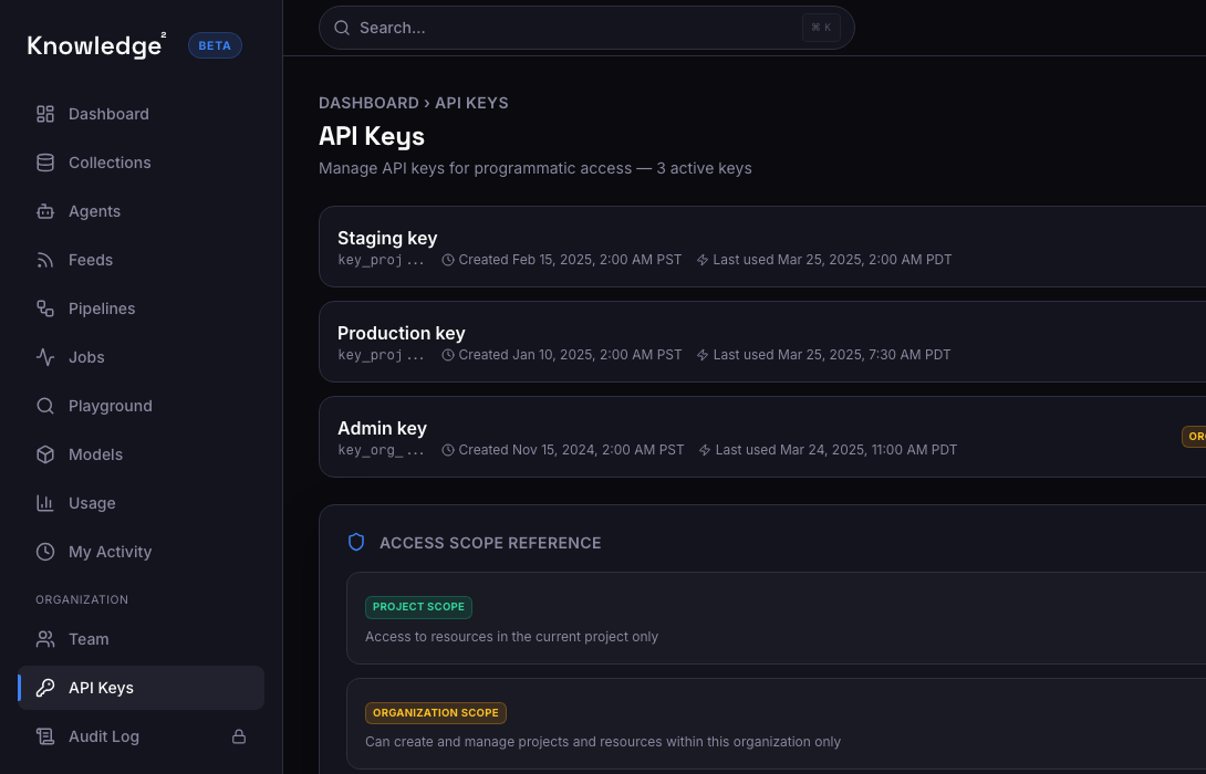 API keys with project and organization access scopes